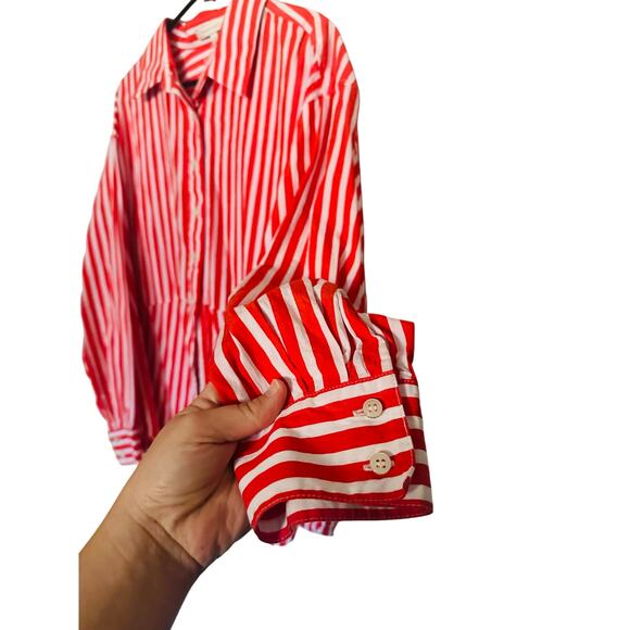 FAVORITE DAUGHTER Red White Stripe Pattern Front Button Open Hem Shirt sz Large - Picture 12 of 13